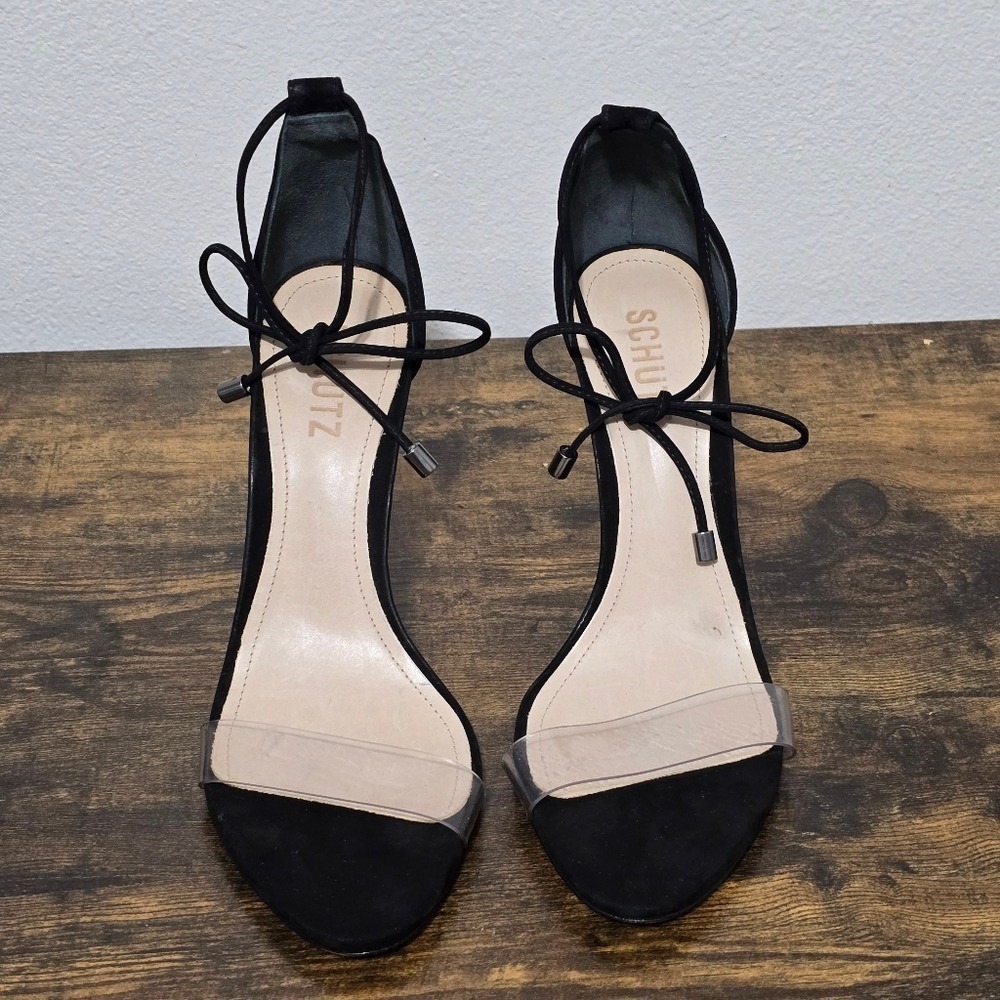 SCHUTZ Josseana Black Nubuck Leather Lace Up Strappy Stiletto Sandal Heels 9 B - Picture 4 of 14